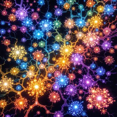 The primary subject of the image is a vibrant and colorful display of lights, resembling a tree or a cluster of stars. The setting is a dark background, which contrasts with the bright and luminous lights. The visual style appears to be a combination of digital art and illustration, creating a dynamic and captivating scene. The colors and mood of the image are predominantly warm and inviting, with the lights emitting a sense of energy and excitement.
